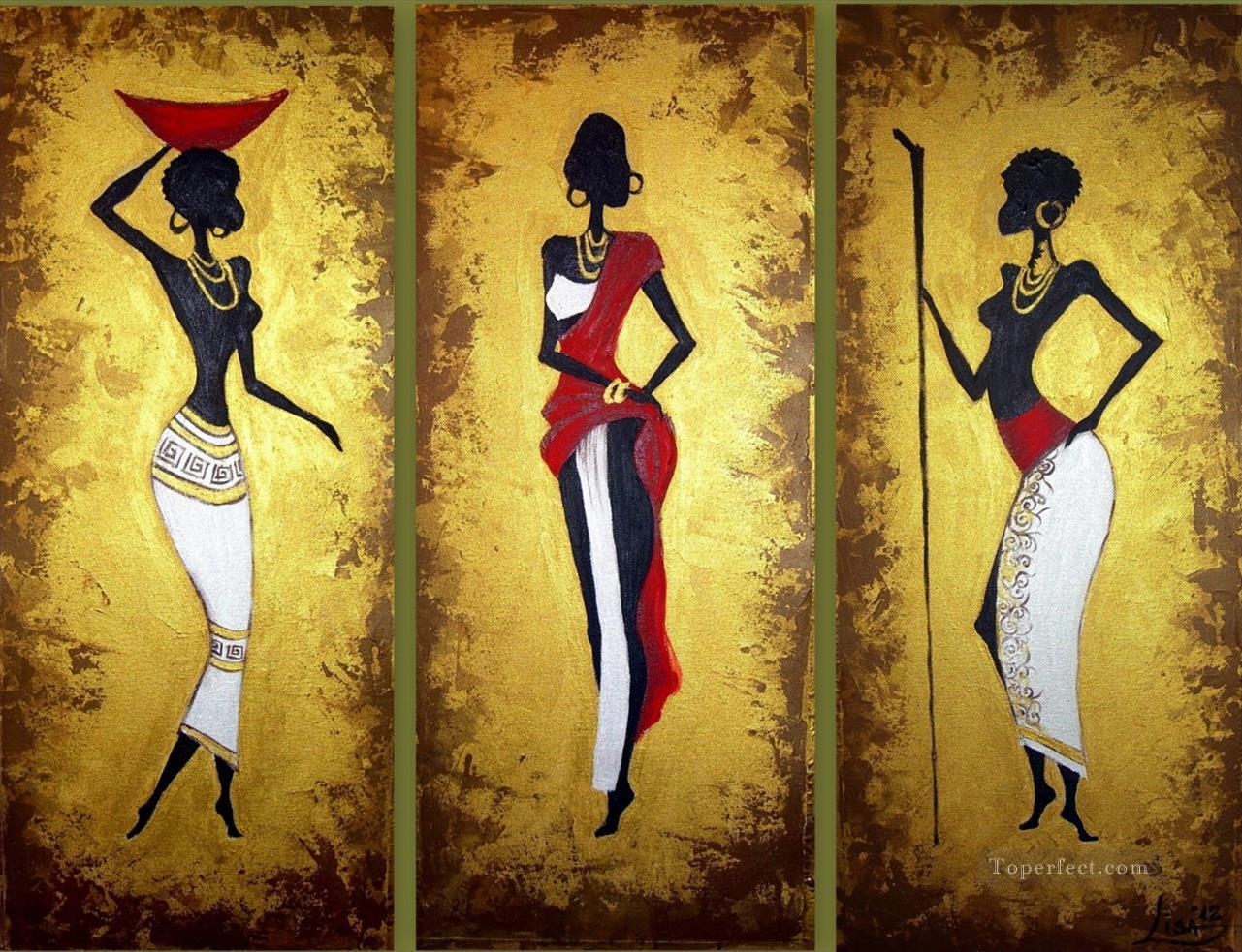 schwarz Frau mit Goldpulver in Triptychon afrikanisch Ölgemälde